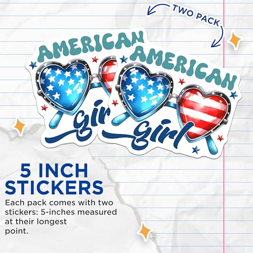 (2 Pack) American Girl Stickers - Patriotic Heart Glasses - USA Pride Pack - 5" On Longest Side - Sticks to Smooth Flat Surfaces - Made in USA - BMCS7445