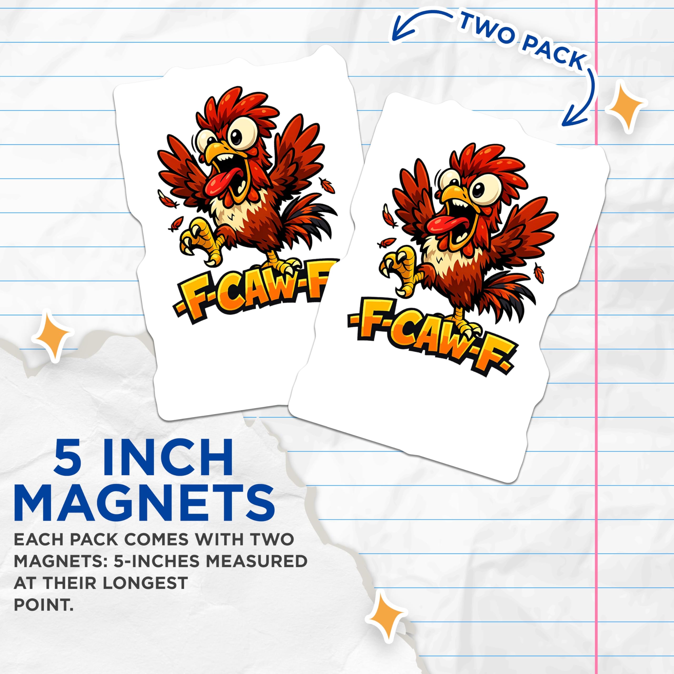 (2 Pack) Cartoon Rooster Magnets - F-CAW-F Chicken Art - Silly Farmhouse Kitchen Decor - Refrigerator Locker Accent - 5 Inches On Longest Side - Thick Durable Magnet - Made in USA - MAG22386