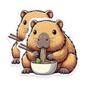 (2 Pack) Capybara Eating Noodles Stickers - Cute Animal Decal - Adorable Cartoon Design - 5" On Longest Side - Sticks to Smooth Flat Surfaces - Made in USA - BMCS9917