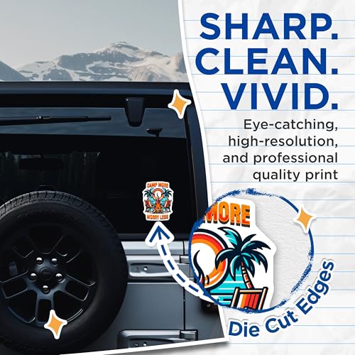 (2 Pack) Camp More Worry Less Stickers - Outdoor Adventure - Camping Theme - 5" On Longest Side - Sticks to Smooth Flat Surfaces - Made in USA - BMCS6928
