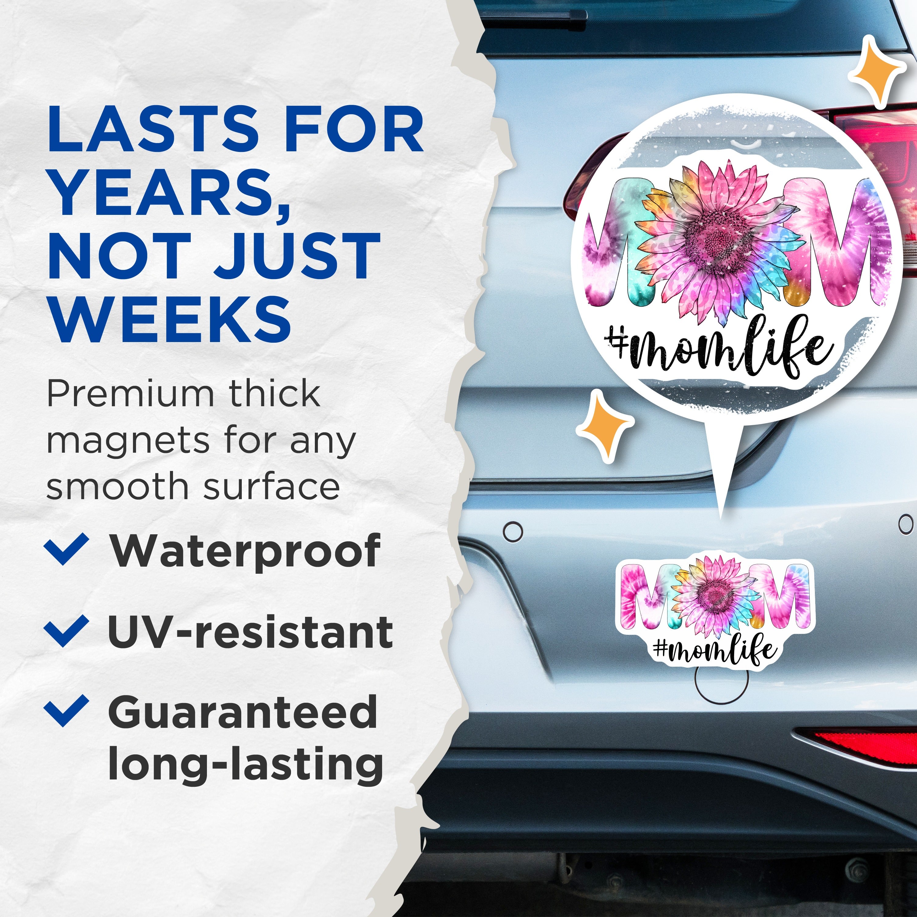 (2 Pack) Mom Life Tie Dye Sunflower Magnets - Mama Fridge Decor - Mother's Day Appreciation - 5 Inches On Longest Side - Thick Durable Magnet - Made in USA - MAG39498