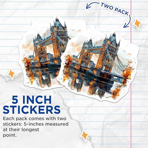 (2 Pack) London Tower Bridge Stickers - Scenic Landmark Stickers - Travel Souvenir Stickers - 5" On Longest Side - Sticks to Smooth Flat Surfaces - Made in USA - BMCS5201