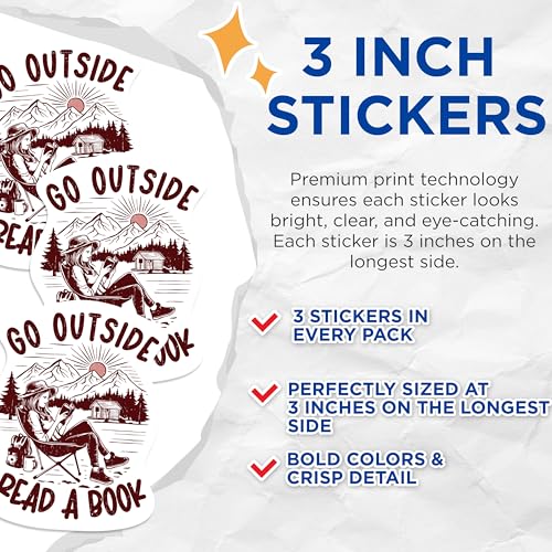 (3 Pack) Go Outside Decals - Read a Book - Laptop Decals - 3 Inches On Longest Side - Easy Peel & Apply - Made in USA - 3MCS1068