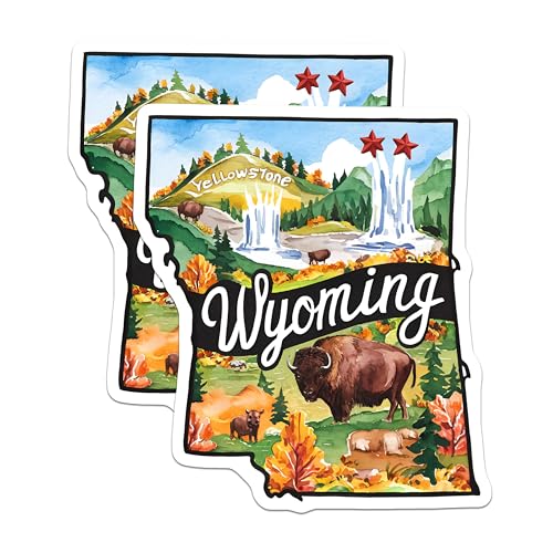 (2 Pack) Wyoming Stickers - Yellowstone National Park - Nature Scene Sticker - 5" On Longest Side - Sticks to Smooth Flat Surfaces - Made in USA - BMCS6280