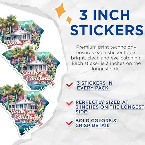 (3 Pack) South Carolina Decals - Watercolor State Art - Palmetto State Decal - 3 Inches On Longest Side - Easy Peel & Apply - Made in USA - 3MCS0162