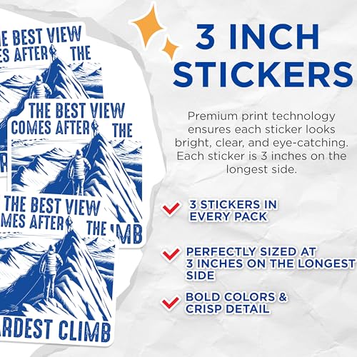 (3 Pack) Hardest Climb Decals - Mountain View Decal - Laptop Decals - 3 Inches On Longest Side - Easy Peel & Apply - Made in USA - 3MCS4557