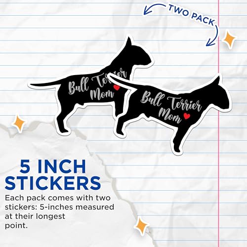 (2 Packs) Bull Terrier Mom Stickers - Bull Terrier Dog Breed Decals - 5 Inches On Longest Side - Premium Vinyl Decal - Sticks to Any Smooth Flat Surface - Made in USA - BMCS2452