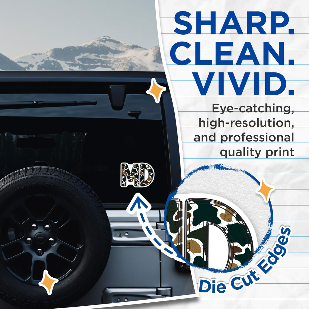 (2 Pack) MD Camouflage Initials Stickers - Military Style Letter - Tactical Alphabet Decals - 5" On Longest Side - Sticks to Smooth Flat Surfaces - Made in USA - BMCS20256