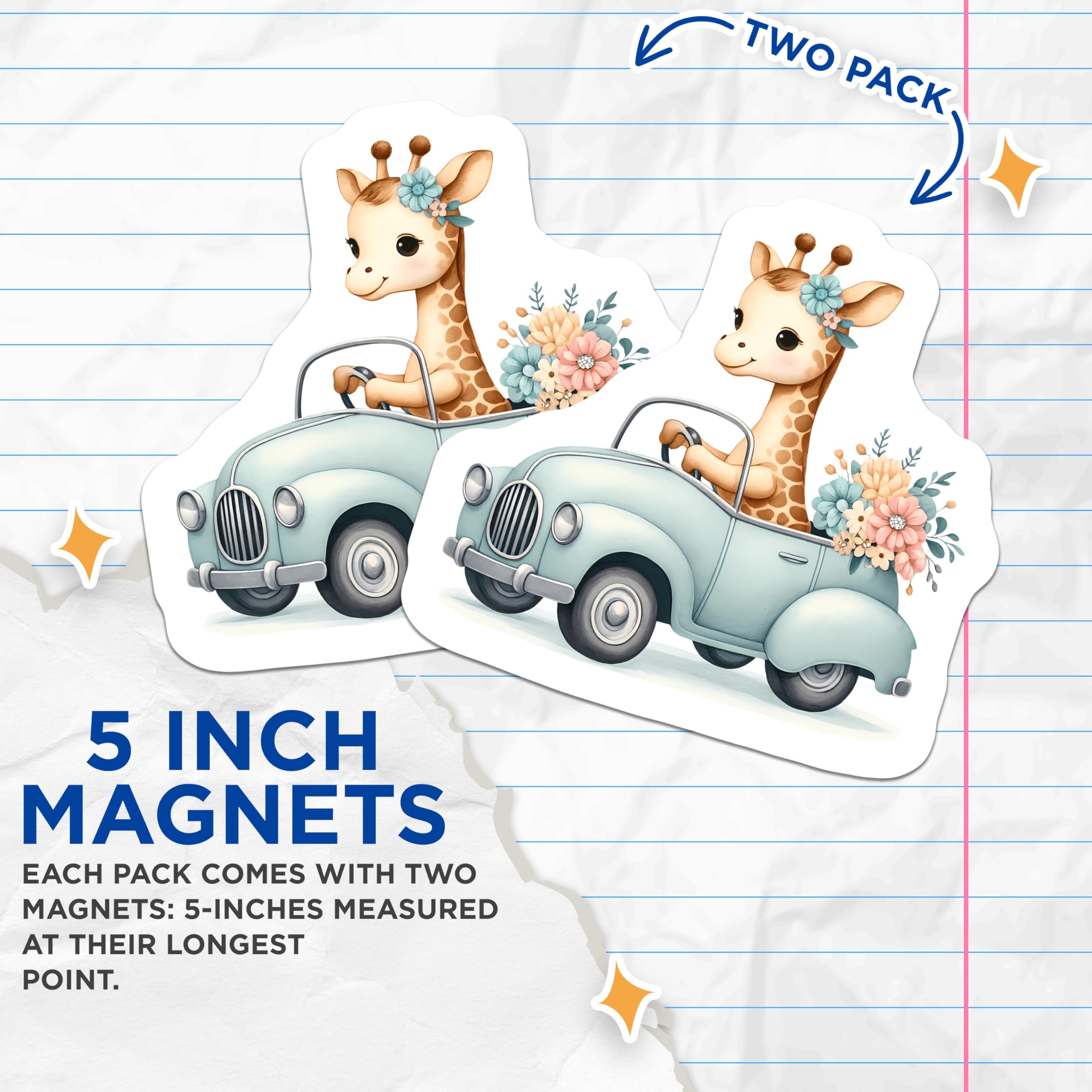 (2 Pack) Baby Giraffe Magnets - Cute Safari Animal Car Decor - Nursery Room Vehicle Artwork - 5 Inches On Longest Side - Thick Durable Magnet - Made in USA - MAG22809