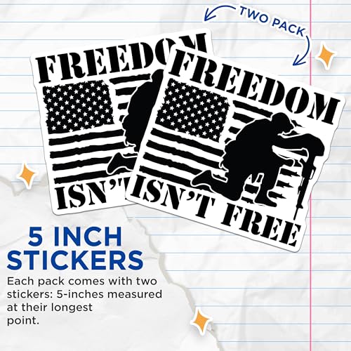 (2 Pack) Freedom Isn't Free Stickers - Patriotic Military Stickers - American Flag Soldier Stickers - 5" On Longest Side - Sticks to Smooth Flat Surfaces - Made in USA - BMCS4889
