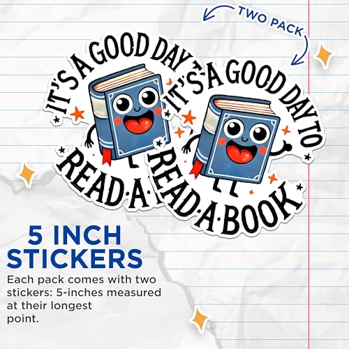 (2 Pack) Good Day to Read Stickers - Cute Book Lover Stickers - Reading Motivation Stickers - 5" On Longest Side - Sticks to Any Smooth Flat Surface - Made in USA - BMCS2747