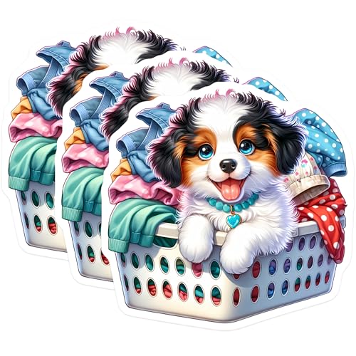 (3 Pack) Puppy in Laundry Decals - Cute Dog Sticker - Kawaii Animal Laptop Decal - 3 Inches On Longest Side - Easy Peel & Apply - Made in USA - 3MCS8177