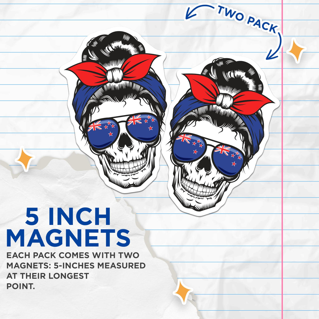 (2 Pack) New Zealand Flag Skull Magnets - Messy Bun Skull - Kiwi Pride Fridge Decor - 5" On Longest Side - Premium Magnet - for Cars, Refrigerators, Toolboxes, Lockers - Made in USA - MAG18903