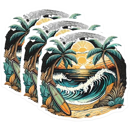 (3 Pack) Surfboard Beach Decals - Palm Tree Sunset - Tropical Surf Art - 3 Inches On Longest Side - Easy Peel & Apply - Made in USA - 3MCS8017