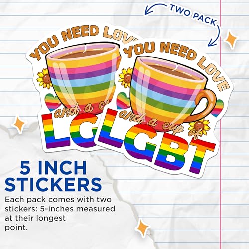 (2 Pack) Cup of LGBT Stickers - Rainbow Pride Decal - Love and Equality Art - 5" On Longest Side - Sticks to Smooth Flat Surfaces - Made in USA - BMCS9197