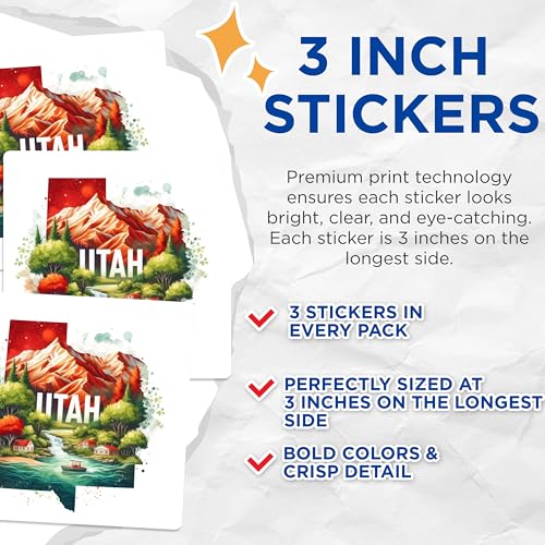 (3 Pack) Utah Decals - Utah State - Landscape Decals - 3 Inches On Longest Side - Easy Peel & Apply - Made in USA - 3MCS4302