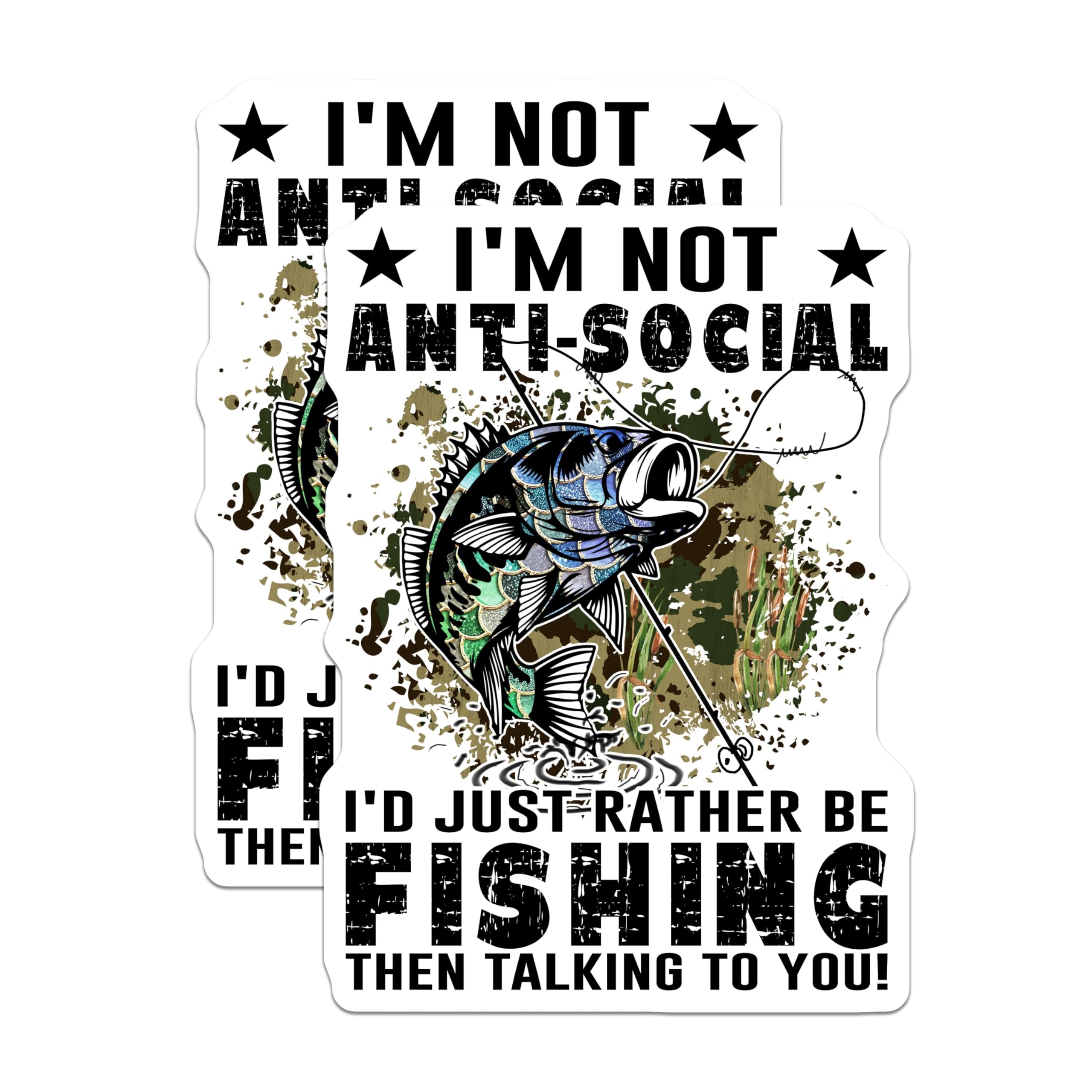 (2 Pack) I'm Not Anti-Social Stickers - I'd Rather Be Fishing - Funny Fishing Quote - 5" On Longest Side - Sticks to Smooth Flat Surfaces - Made in USA - BMCS5579