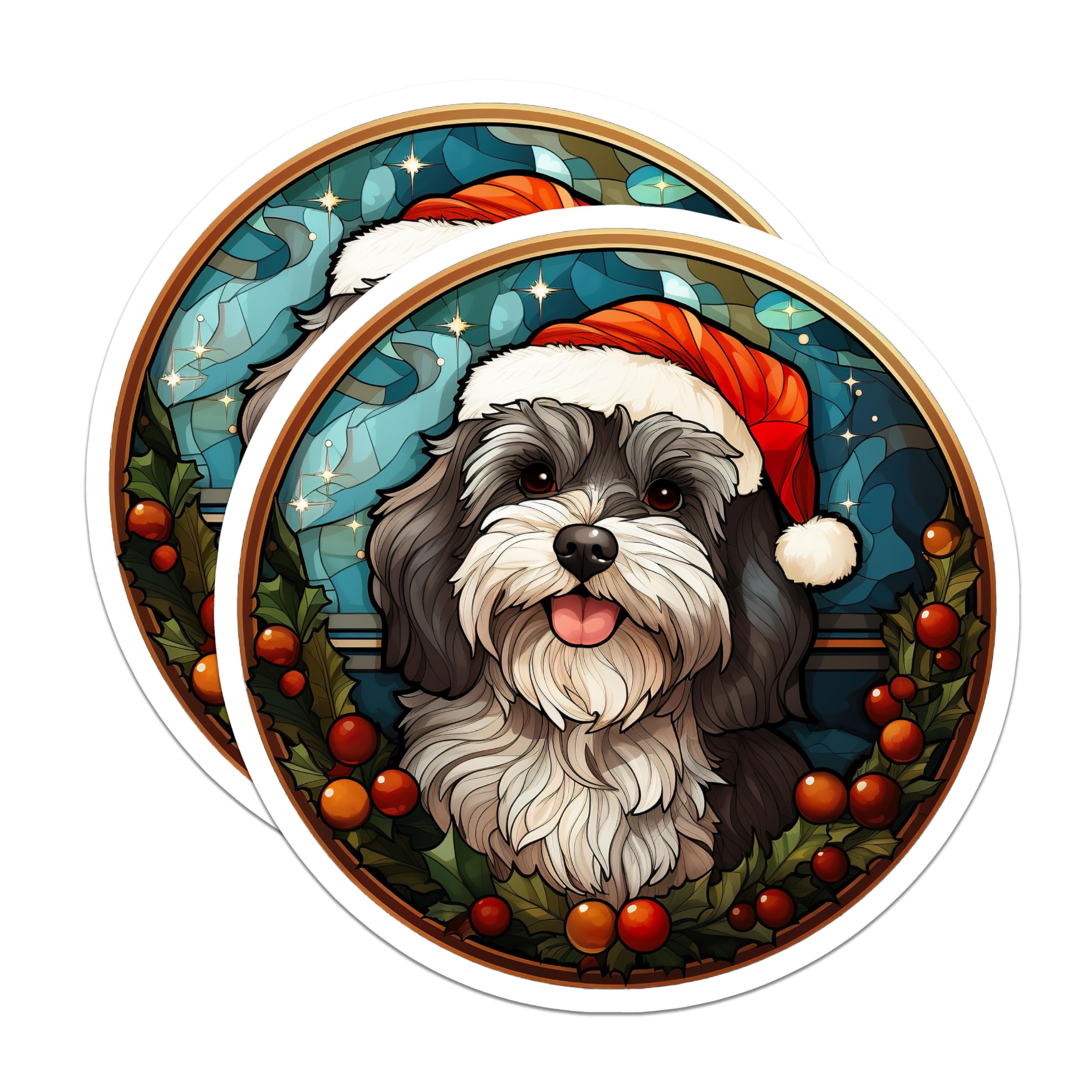 (2 Pack) Christmas Dog Magnets - Santa Hat Puppy Decor - Stained Glass Pet Lover Refrigerator Accent - 5 Inches On Longest Side - Thick Durable Magnet - Made in USA - MAG29599