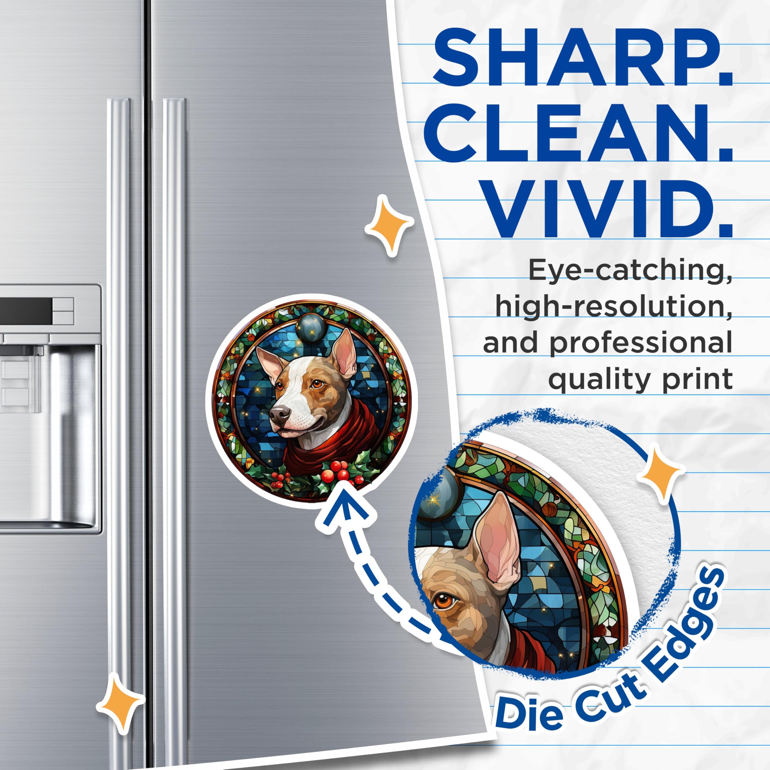 (2 Pack) Stained Glass Dog Magnets - Bull Terrier Christmas Decor - Holiday Pet Lover Art - 5 Inches On Longest Side - Thick Durable Magnet - Made in USA - MAG26369