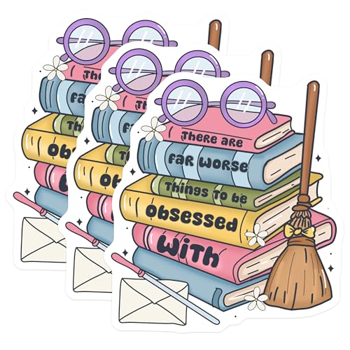 (3 Pack) Book Lover Decals - Stacked Books - Obsessed with Reading- 3 Inches On Longest Side - Easy Peel & Apply - Made in USA - 3MCS5765