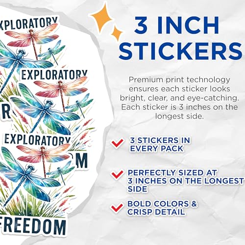 (3 Pack) Dragonfly Freedom Decals - Exploratory Insect Art - Laptop Decal - 3 Inches On Longest Side - Easy Peel & Apply - Made in USA - 3MCS1513