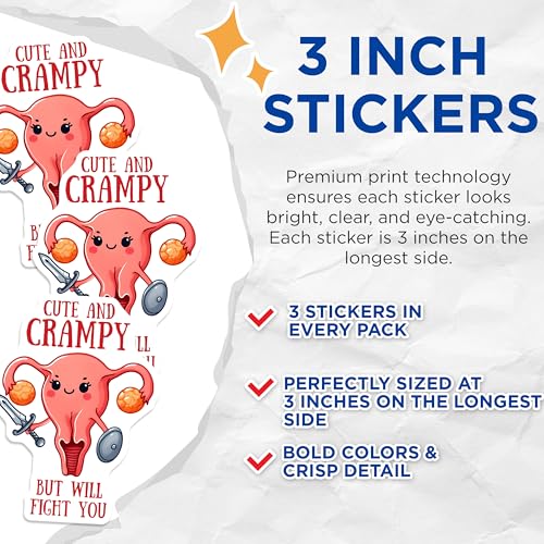 (3 Pack) Cute Crampy Decals - Uterus Warrior Stickers - Funny Laptop Stickers - 3 Inches On Longest Side - Easy Peel & Apply - Made in USA - 3MCS8436