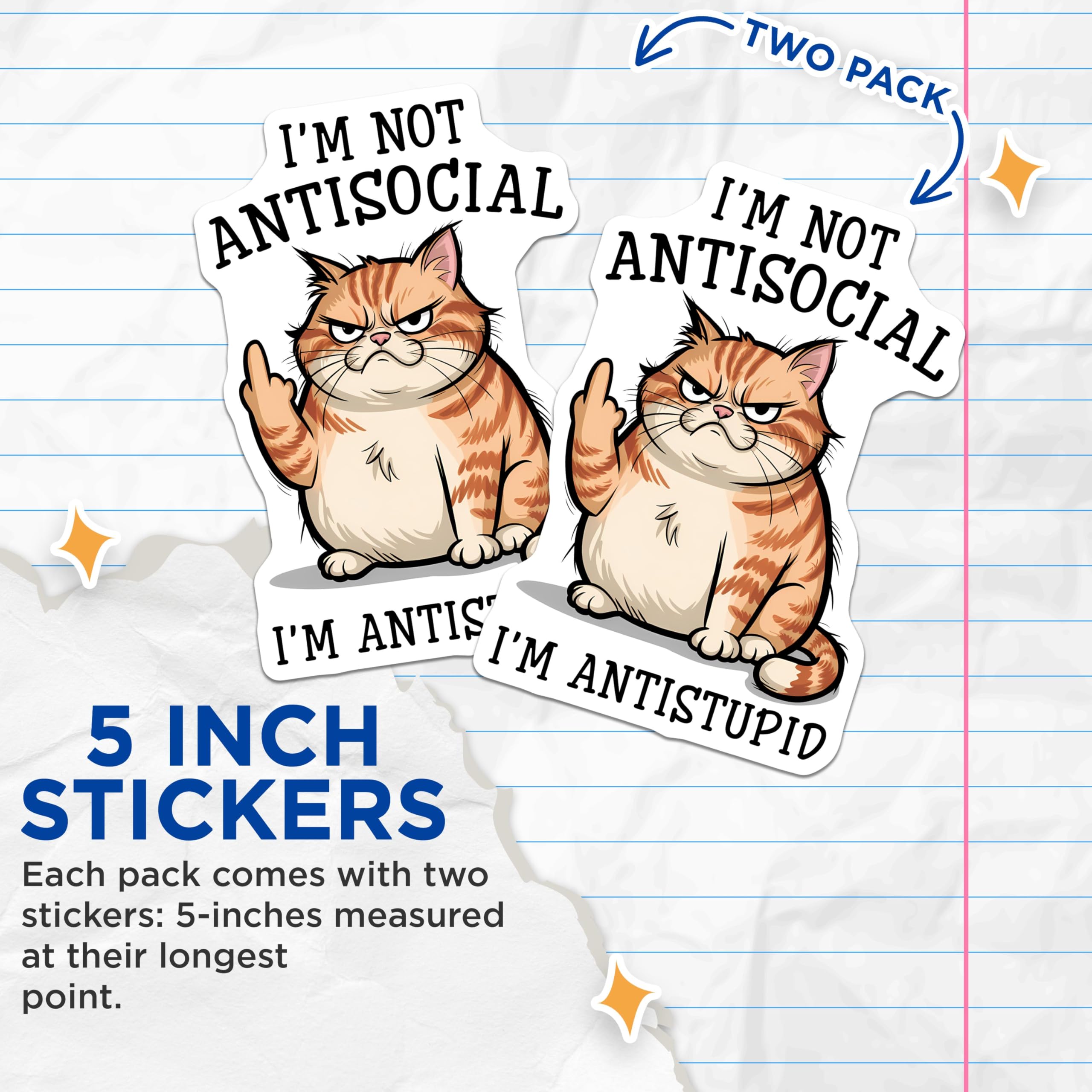 (2 Pack) Not Antisocial Stickers - Funny Cat Stickers - I'm Antistupid Humor Stickers - 5" On Longest Side - Sticks to Any Smooth Flat Surface - Made in USA - BMCS3323