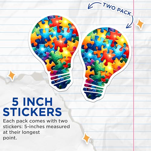 (2 Pack) Colorful Puzzle Piece Lightbulb Stickers - Unique Puzzle Art - Creative Puzzle Light Illustration - 5" On Longest Side - Sticks to Smooth Flat Surfaces - Made in USA - BMCS7898