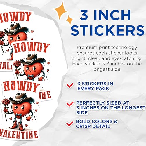 (3 Pack) Howdy Valentine Decals - Cowboy Heart - Western Love - Laptop Decal - 3 Inches On Longest Side - Easy Peel & Apply - Made in USA - 3MCS1918