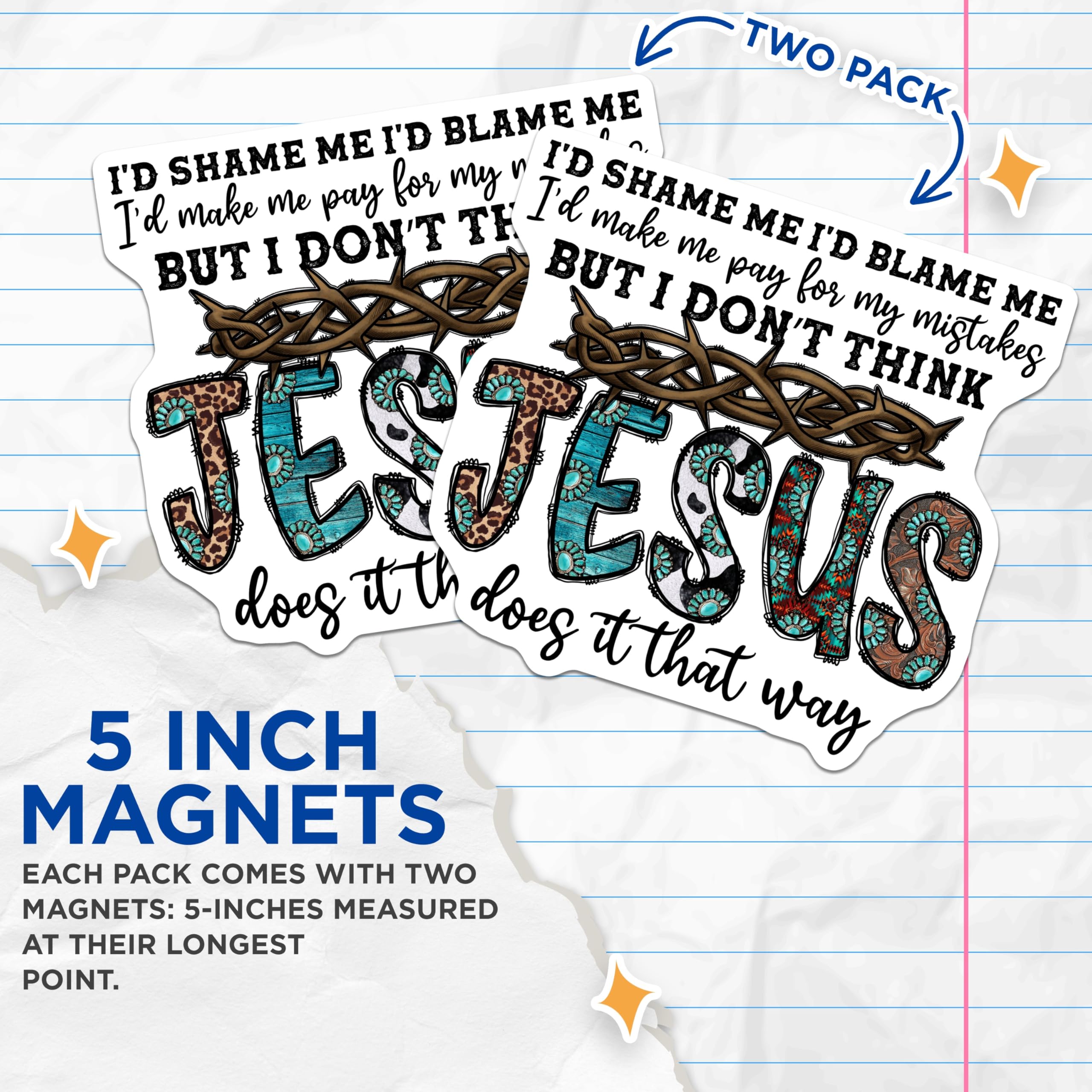 (2 Pack) Jesus Grace Magnets - Western Style Faith Quote - Inspirational Christian Refrigerator Locker Office Decor - 5 Inches On Longest Side - Thick Durable Magnet - Made in USA - MAG30409