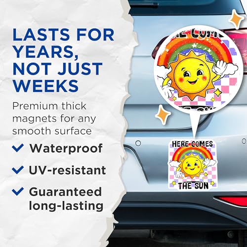(2 Pack) Here Comes The Sun Magnets Magnets - 5" On Longest Side - Made in USA - Sticks to Refrigerators & Metal Surfaces - MAG8832