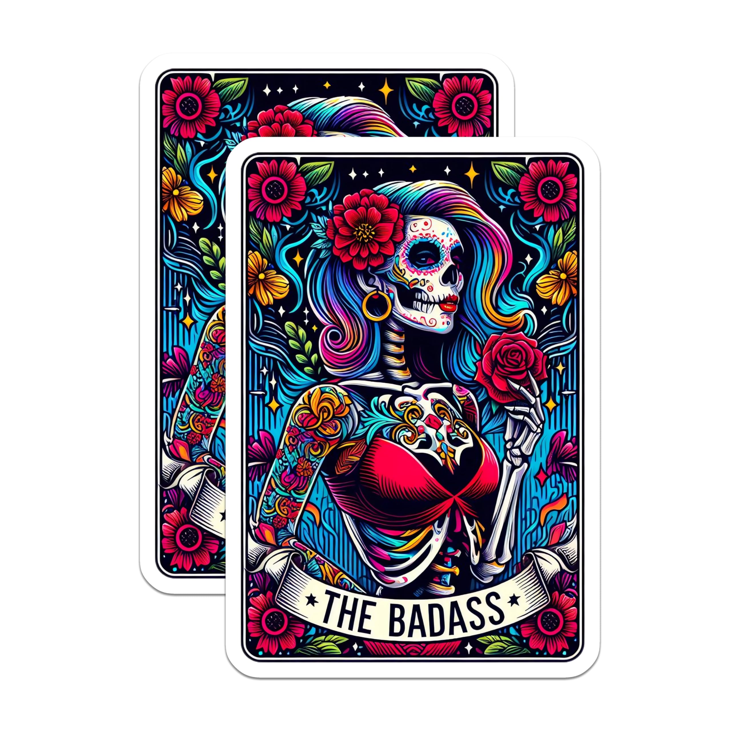 (2 Pack) Badass Sugar Skull Magnets - Dia de Los Muertos Decor - Strong Woman Art - 5 Inches On Longest Side - Thick Durable Magnet - Made in USA - MAG27925