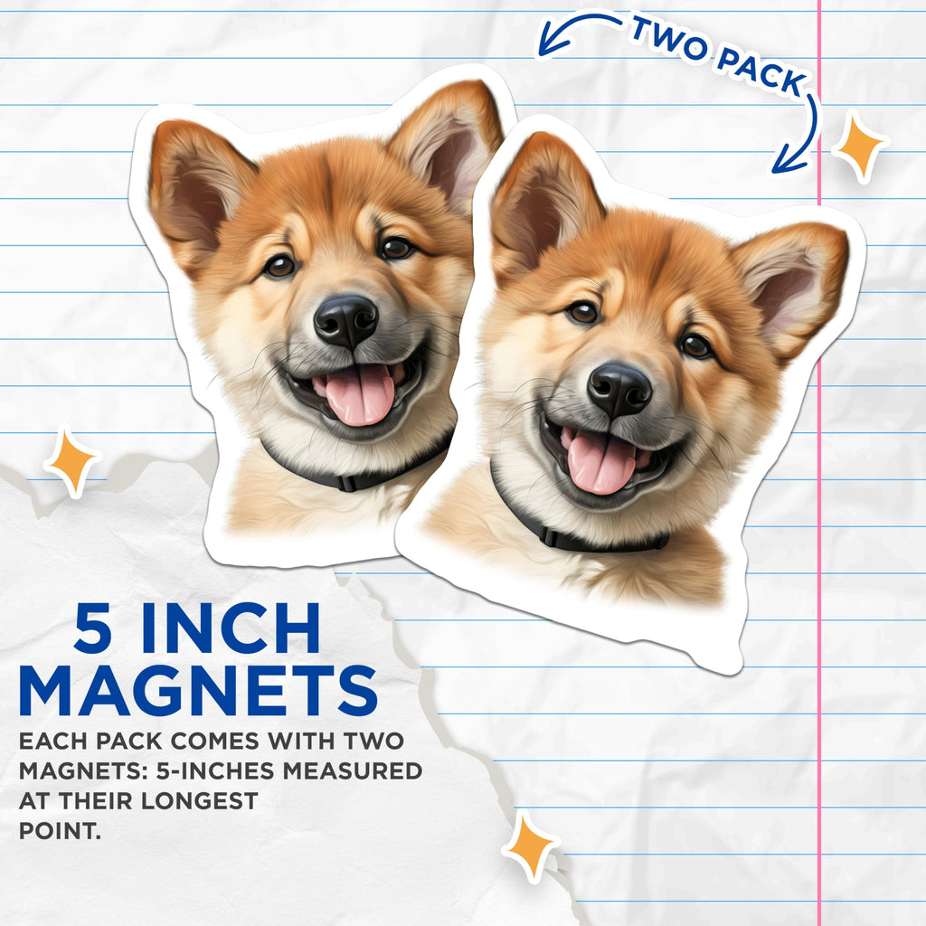 (2 Pack) Happy Shiba Inu Puppy Magnets - Adorable Dog Lover Refrigerator Magnets - Cute Pet Owner Fridge Decor - 5 Inches On Longest Side - Thick Durable Magnet - Made in USA - MAG30746