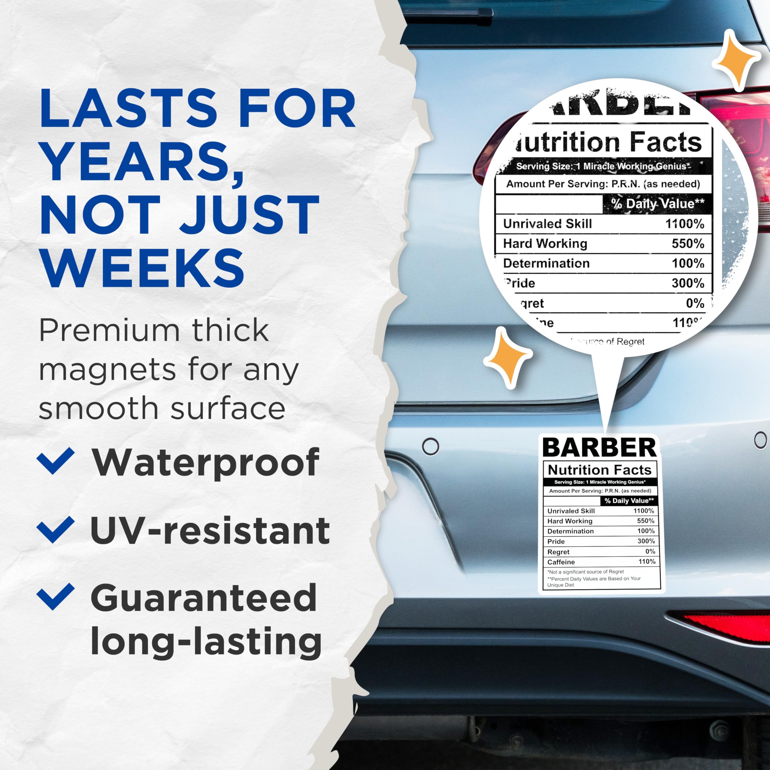 (2 Pack) Barber Nutrition Facts Magnets - Funny Barber Shop Magnet - Hairdresser Magnet - 5" On Longest Side - Premium Magnet - for Cars, Refrigerators, Toolboxes, Lockers - Made in USA - MAG16240