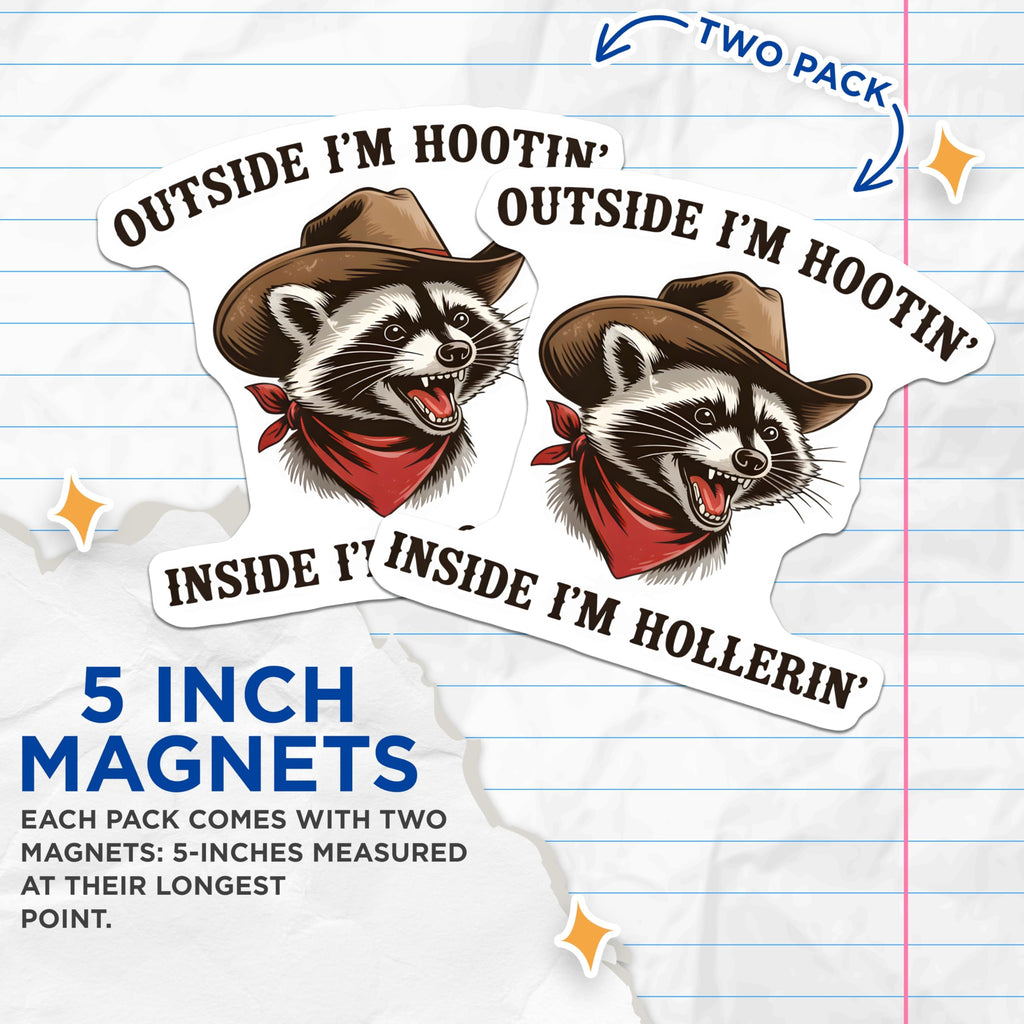 (2 Pack) Raccoon Cowboy Magnets - Funny Animal - Hootin Hollerin Fridge Decal - 5" On Longest Side - Premium Magnet - for Cars, Refrigerators, Toolboxes, Lockers - Made in USA - MAG14094
