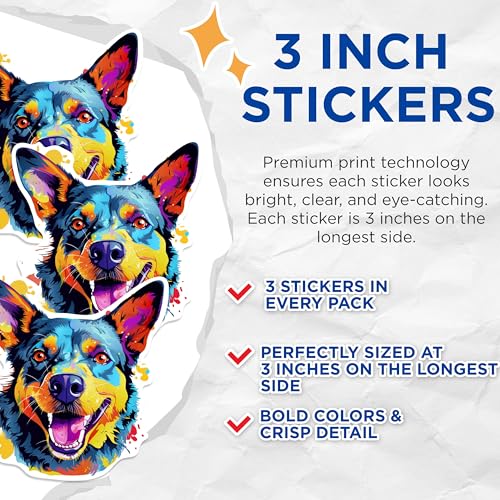 (3 Pack) Australian Cattle Dog Decals - Colorful Heeler Laptop - Dog Lover Decal - 3 Inches On Longest Side - Easy Peel & Apply - Made in USA - 3MCS0632
