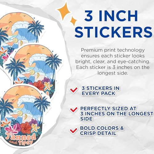 (3 Pack) Tanned and Tipsy Decals - Tropical Vacation - Cocktail Stickers- 3 Inches On Longest Side - Easy Peel & Apply - Made in USA - 3MCS5886