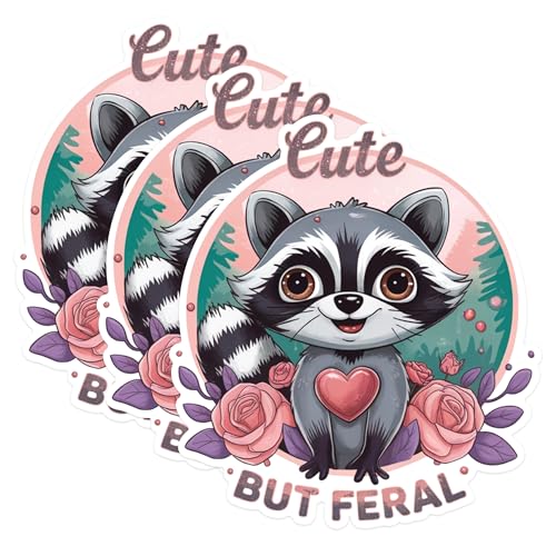 (3 Pack) Raccoon Decals - Cute But Feral - Laptop Decal - 3 Inches On Longest Side - Easy Peel & Apply - Made in USA - 3MCS1700
