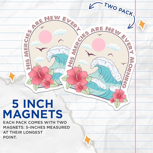 (2 Pack) His Mercies are New Every Morning Magnets - Inspirational Ocean Scene - Floral Wave Design - 5" On Longest Side - for Cars, Fridges, Toolboxes - Made in USA - MAG4084