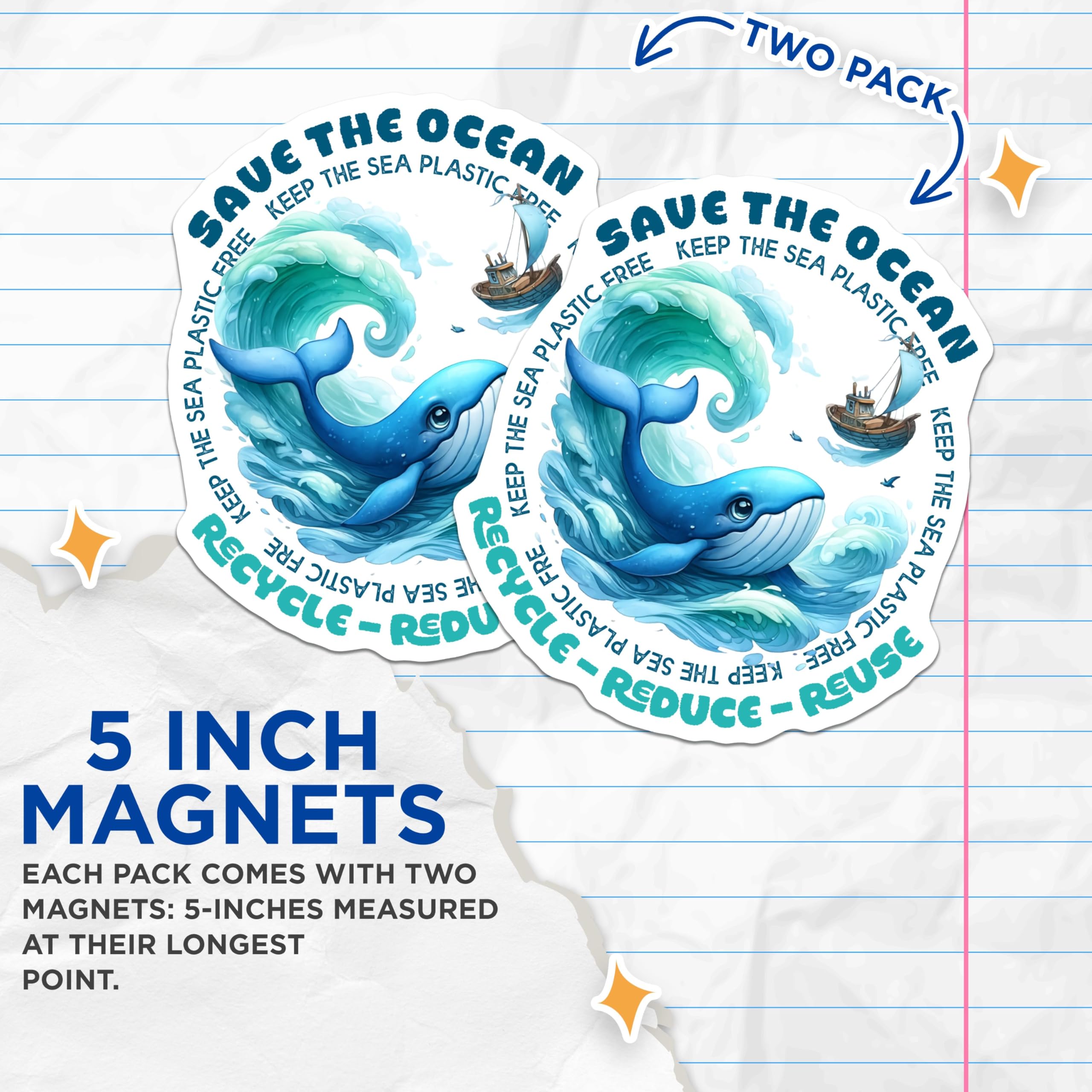 (2 Pack) Save The Ocean Magnets - Recycle Reduce Reuse - Keep The Sea Plastic Free - 5" On Longest Side - for Cars, Fridges, Toolboxes - Made in USA - MAG7956