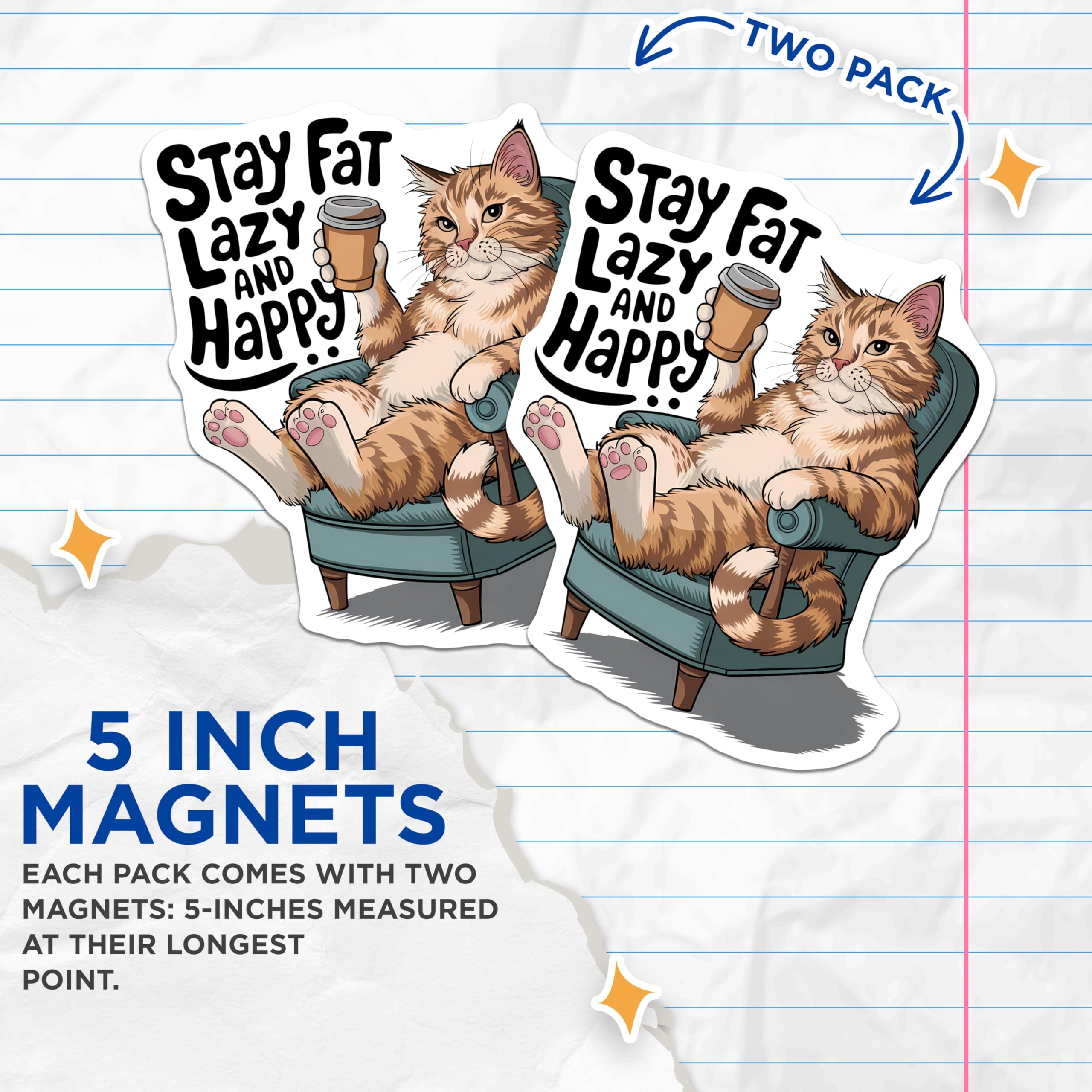 (2 Pack) Lazy Cat Refrigerator Magnets - Funny Cat Magnets - Cute Kitten Magnets - 5" On Longest Side - Premium Magnet - for Cars, Refrigerators, Toolboxes, Lockers - Made in USA - MAG16448