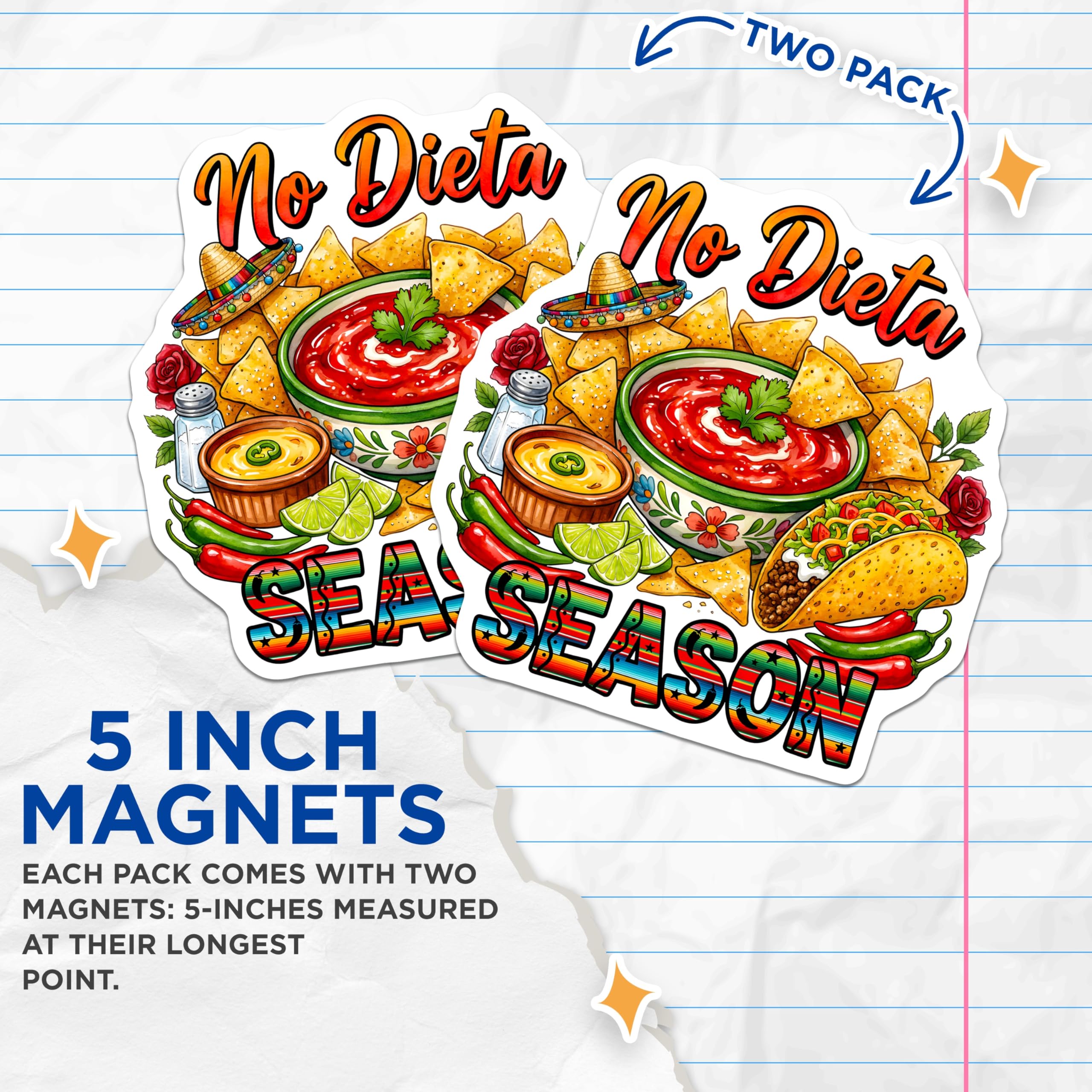 (2 Pack) No Dieta Season Magnets - Mexican Food Decor - Funny Kitchen Accessory - Taco Lover Item - 5 Inches On Longest Side - Thick Durable Magnet - Made in USA - MAG27170