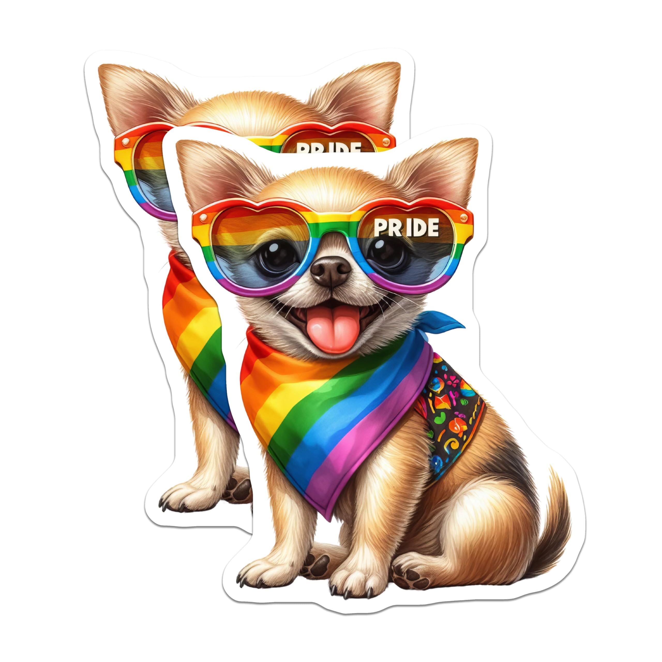 (2 Pack) Pride Dog Stickers - Cute Dog Wearing Rainbow Glasses - Chihuahua Stickers - 5" On Longest Side - Sticks to Smooth Flat Surfaces - Made in USA - BMCS6482