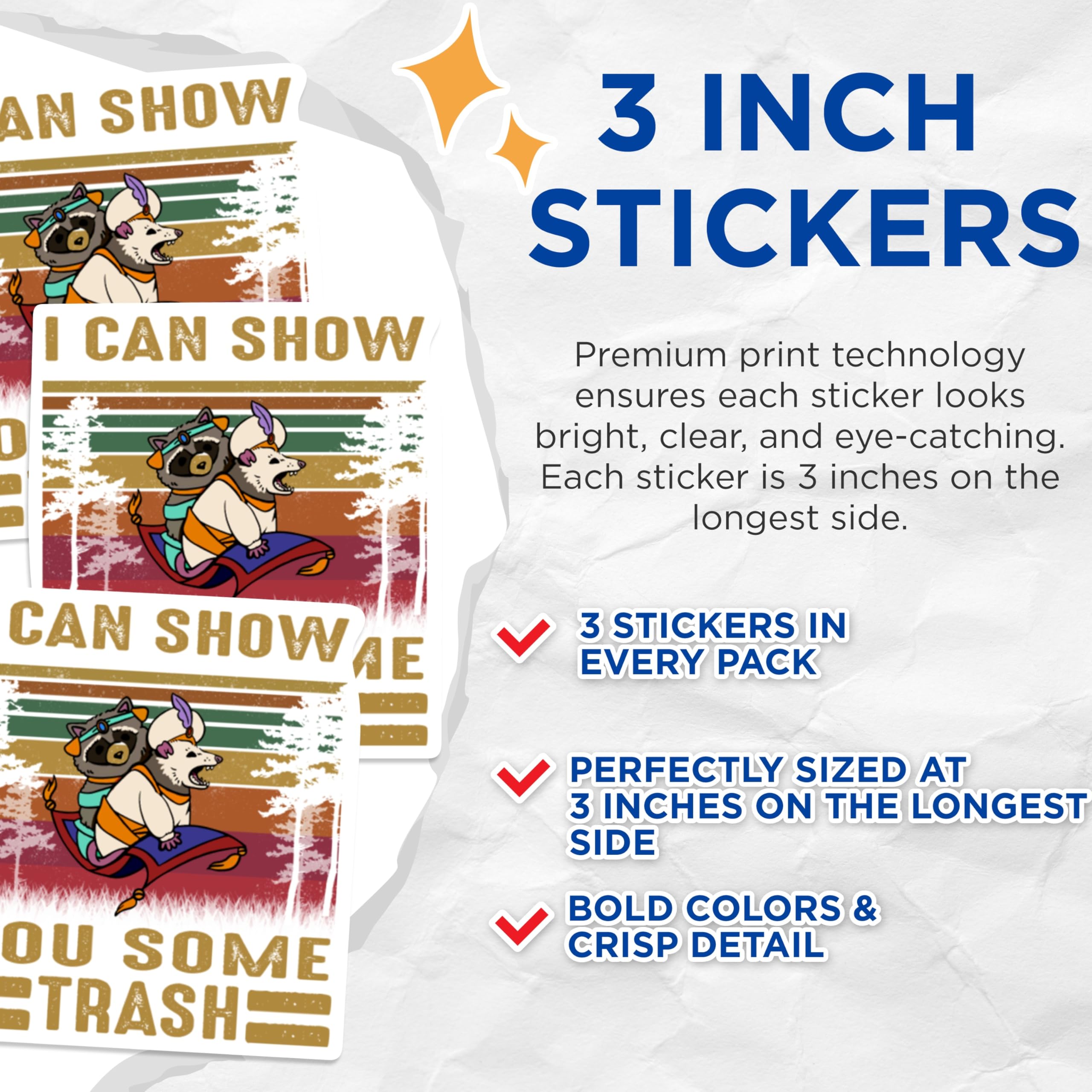 (3 Pack) Raccoon Opossum Decals - Trash Magic Carpet Sticker - Funny Laptop Decals - 3 Inches On Longest Side - Easy Peel & Apply - Made in USA - 3MCS0525