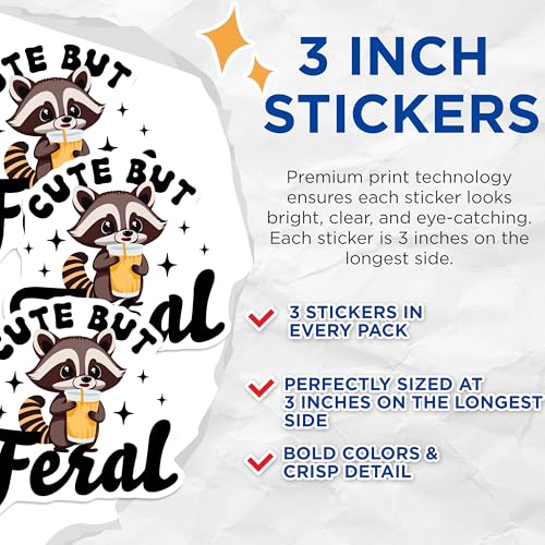 (3 Pack) Raccoon Laptop Decals - Cute But Feral - Animal Decal - 3 Inches On Longest Side - Easy Peel & Apply - Made in USA - 3MCS2189