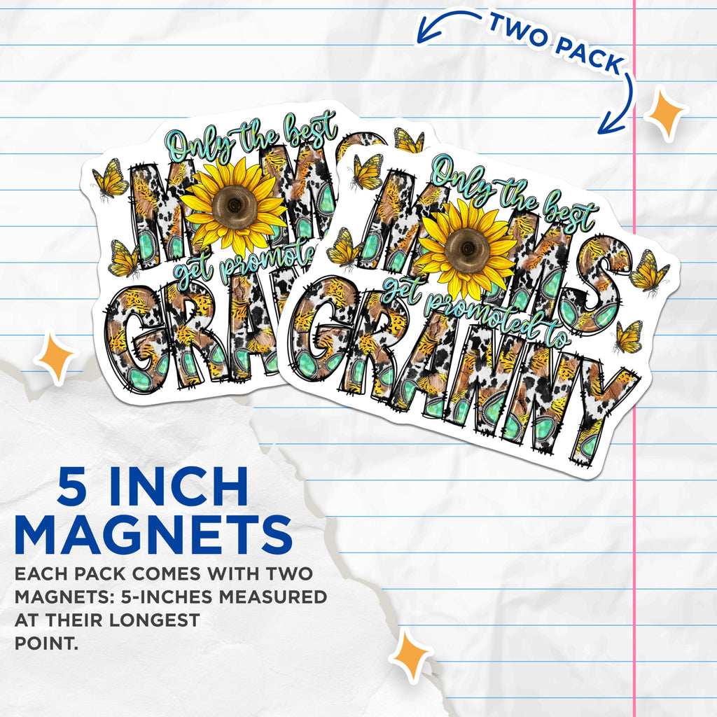 (2 Pack) Granny Promotion Magnets - Western Grandparent Decor - Sunflower Butterfly Accents - 5 Inches On Longest Side - Thick Durable Magnet - Made in USA - MAG25128