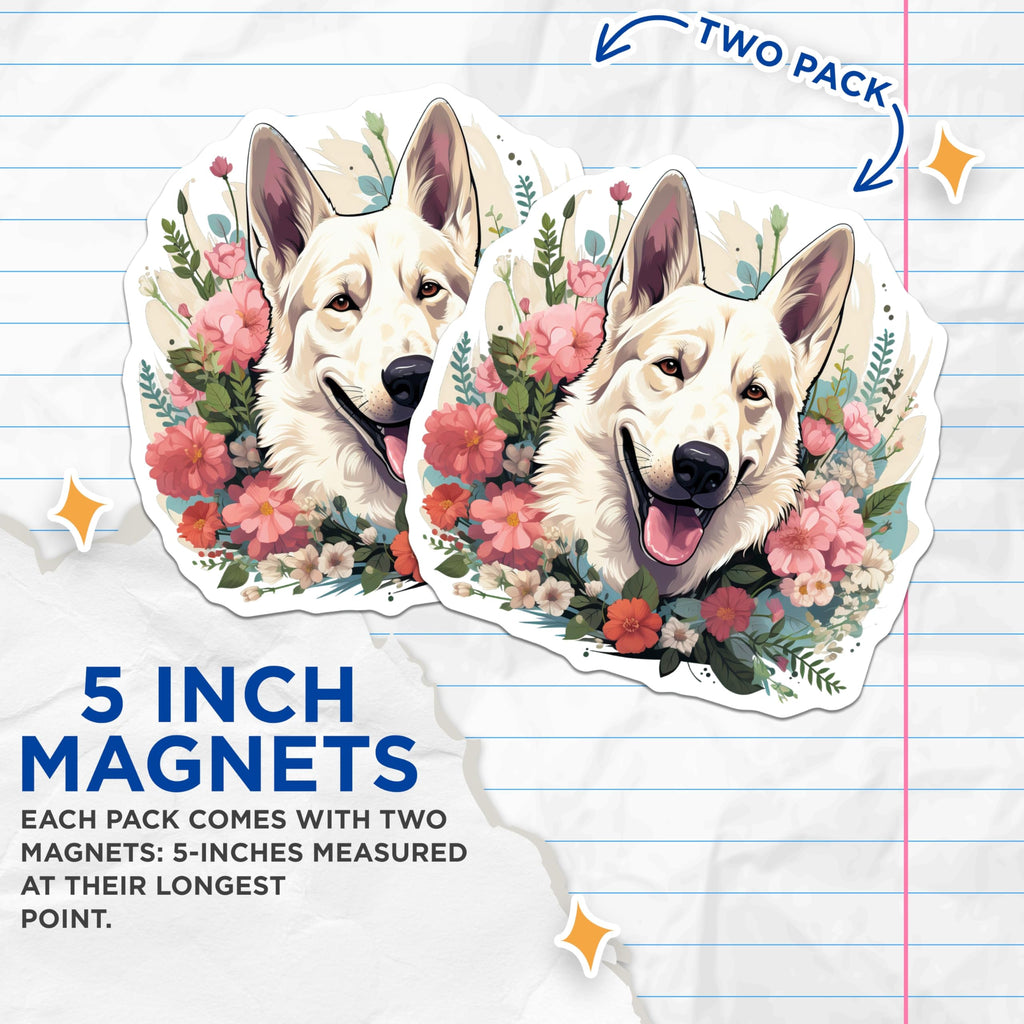(2 Pack) White German Shepherd Magnets - Floral Dog Lover Decor - Pet Parent Refrigerator Animal Art - 5 Inches On Longest Side - Thick Durable Magnet - Made in USA - MAG25386