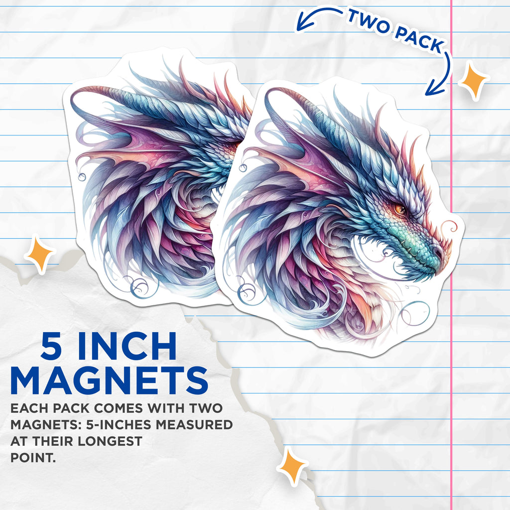(2 Pack) Colorful Fantasy Dragon Magnets - Mythical Creature Art - Aesthetic Fridge Decor - Magic Inspired Magnet - 5 Inches On Longest Side - Thick Durable Magnet - Made in USA - MAG39331