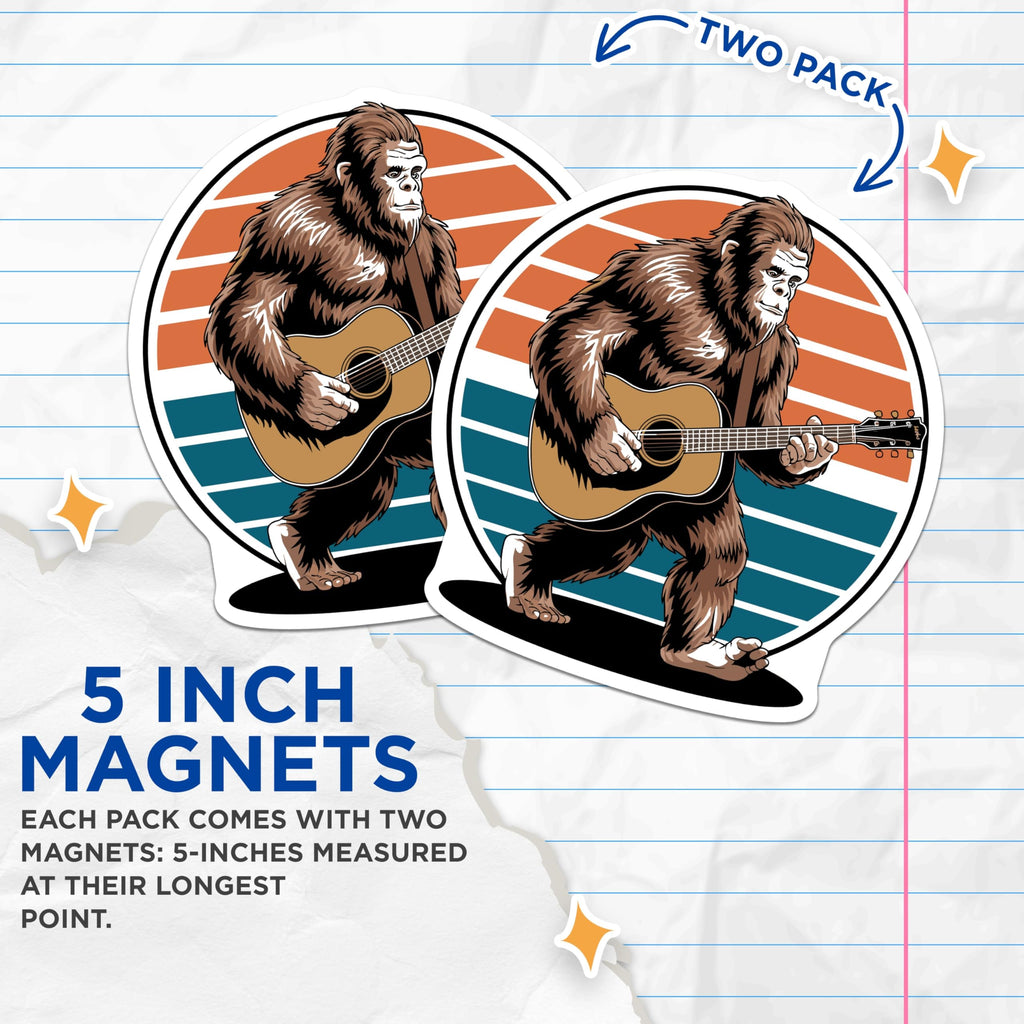 (2 Pack) Bigfoot Guitar Magnets - Sasquatch Music Lover - Retro Sunset Design - 5 Inches On Longest Side - Thick Durable Magnet - Made in USA - MAG22113