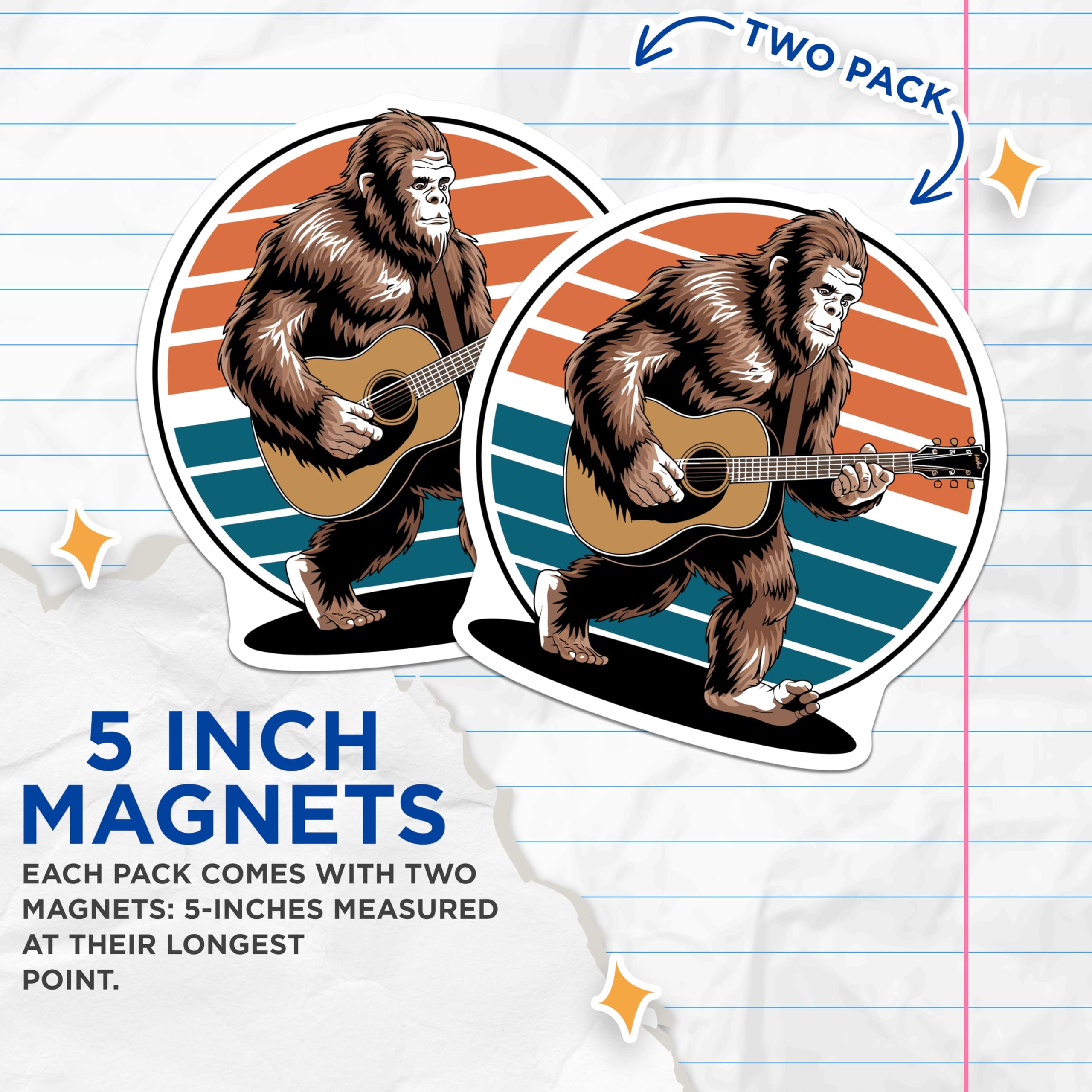 (2 Pack) Bigfoot Guitar Magnets - Sasquatch Music Lover - Retro Sunset Design - 5 Inches On Longest Side - Thick Durable Magnet - Made in USA - MAG22113
